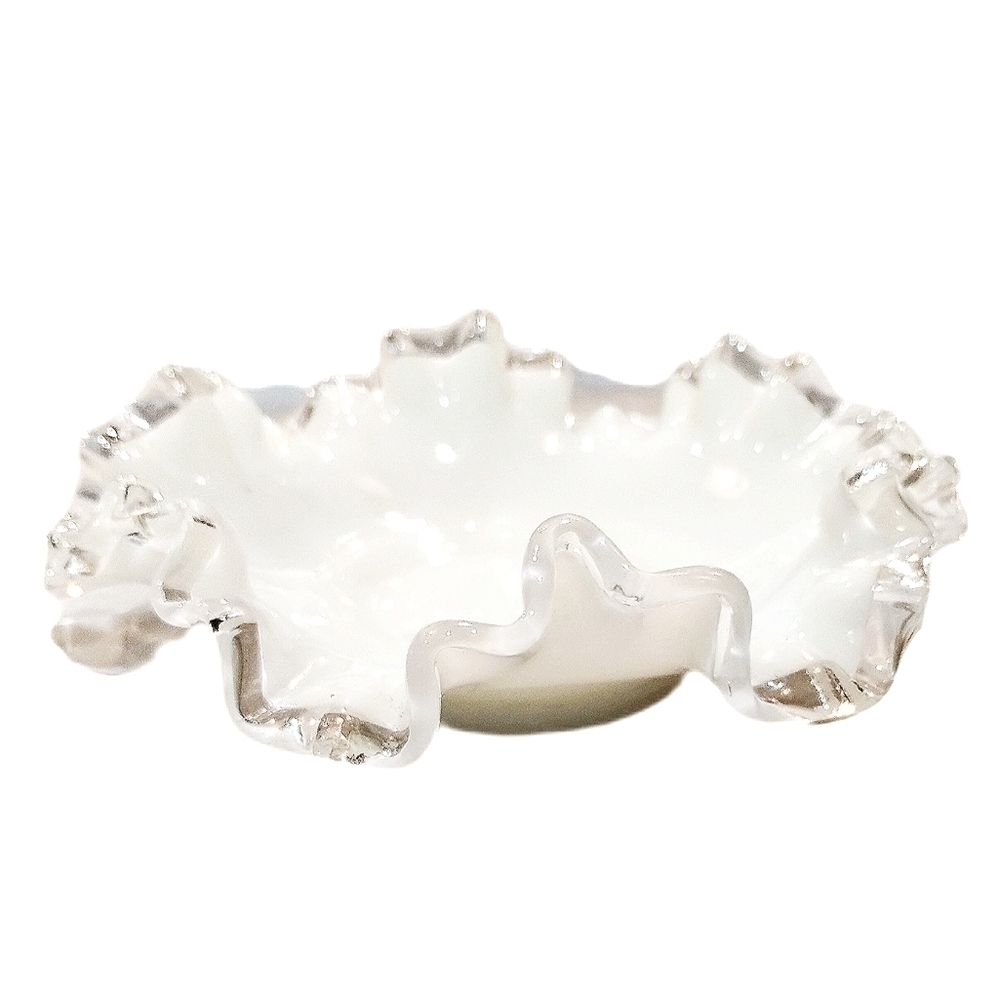 Vintage Fenton Silver Crest Milk Glass Crimped Candy Dish